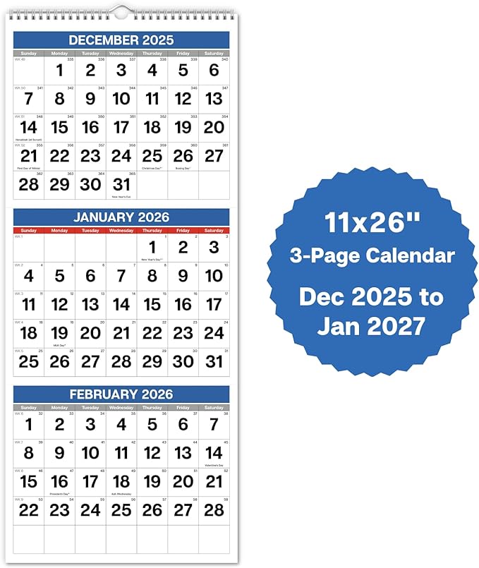 Dunwell 3-Month Wall Calendar 2026 (Blue), Large Monthly Hanging Calendar with Big Grid Numbers, Easy to Read Large Print, Use to Dec 2026, For Office or Home, 11x26 Open, Ships Folded