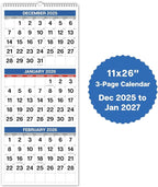 Dunwell 3-Month Wall Calendar 2026 (Blue), Large Monthly Hanging Calendar with Big Grid Numbers, Easy to Read Large Print, Use to Dec 2026, For Office or Home, 11x26 Open, Ships Folded