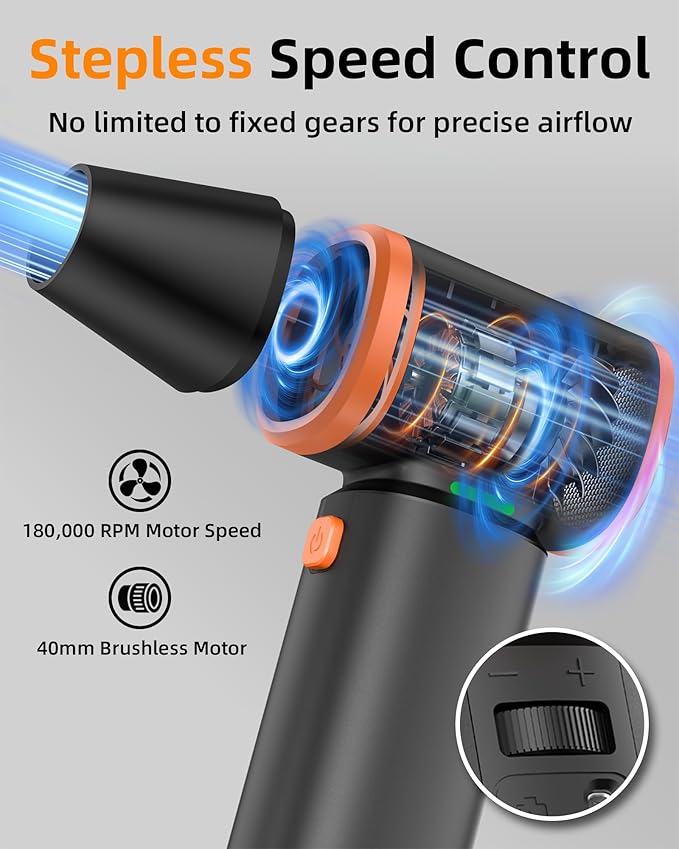 [Upgraded] Compressed Air Duster, 180000RPM High-Velocity Electric Air Duster with Stepless Speed Control, Rechargeable Portable Cordless Air Blower for Home, Car, Computer, and Keyboard Cleaning