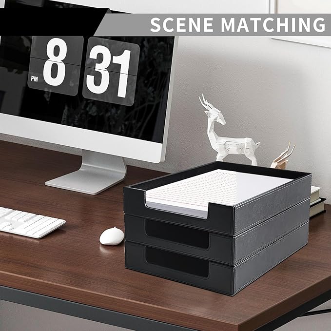 RHCSZ PU Leather Letter Tray - Load Documents Trays Front for Office Desktop Organizer - Desk Magazine, File, A4 Paper Holder - Paper Document File Holder (Black, A4-Tray)