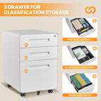 AFAIF 3 Drawer File Cabinet, Fully Assembled Mobile File Cabinets with Lock for Home Office, Metal Rolling Filing Caninet on Wheels, Three Drawer Under Desk Cabnet for Letter/Legal / A4 - White