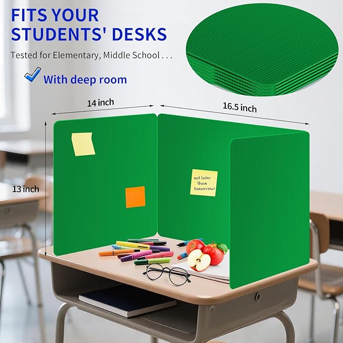 6 Pack Green Desk Dividers for Students, Privacy Shields Folder for Students, Durable & Waterproof Plastic Study Board, Classroom Teacher Supplies Test Divider, Includes Extra Labels