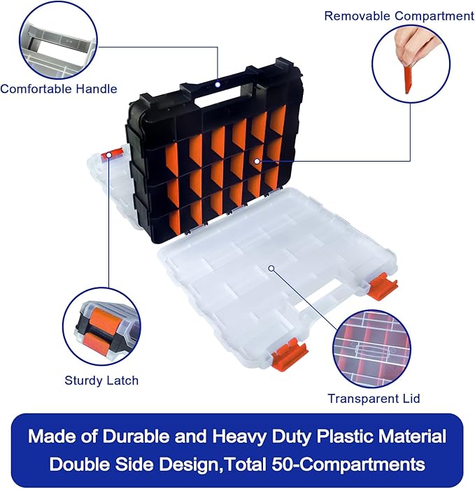 Tools Organizer Box Small Parts Storage Box 50-Compartment Double Side Hardware Organizers with Removable Plastic Dividers for Screws, Nuts, Nails, Bolts, Orange