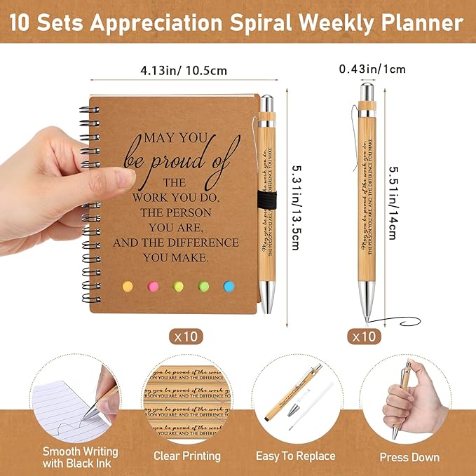 Moinchore 10 Sets Employee Appreciation Gift Inspirational Spiral Notebook with Bamboo Pen Sticky Note Thank You Valentines Day Gift for Coworker Office Staff Team Nurse Teacher (May You Be Proud)