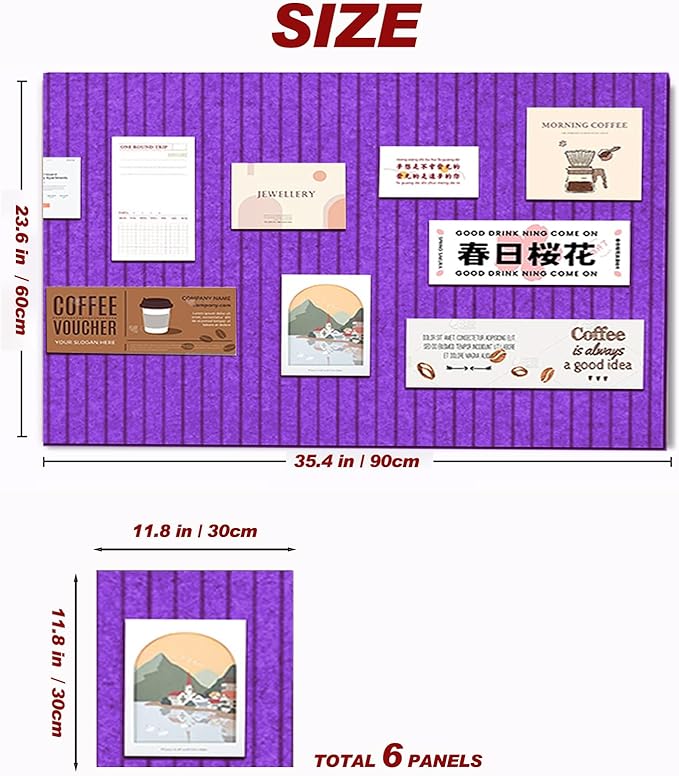 Large Felt Wall Tiles Cork Boards for Office Cubicle, 35"x23.6" Felt Photo Board Bulletin Tiles Pin Board for Walls Home Decor, Noise Reduction Boards Panels Fors Notes Memos, 6-Pack, Purple