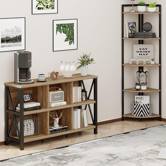 FATORRI 6 Cube Storage Organizer with Shelf, Long Wood and Metal Cubby Bookcase, Industrial Horizontal Bookshelf (Rustic Oak, 47 Inch) | with Shelf, Long, Horizontal Bookshelf