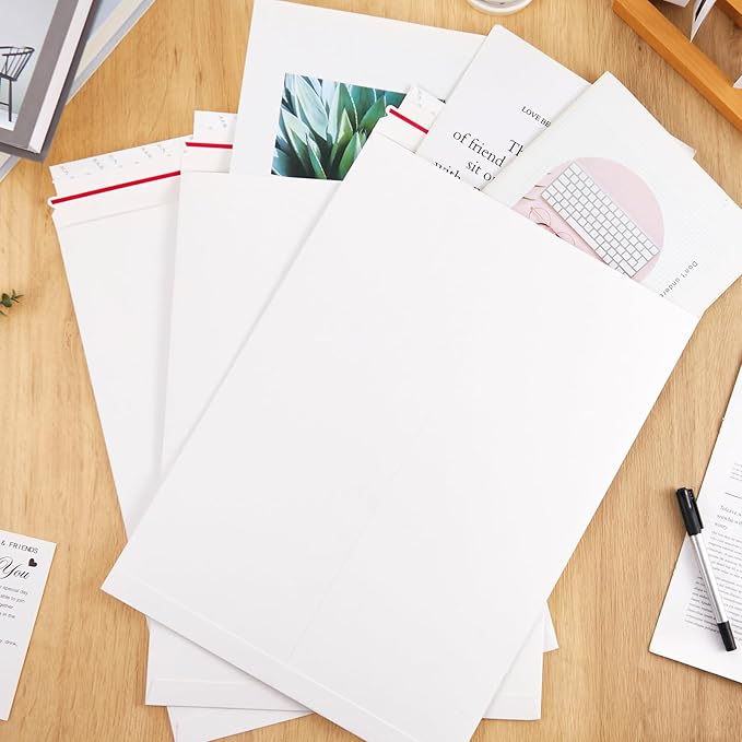 ReliThick 20 Pcs 13 x 17.75 Inch Large Rigid Mailer Self Photo Document Mailers Adhesive Stay Flat White Cardboard Envelopes White Kraft Envelopes for Art Prints Cd Photos Document