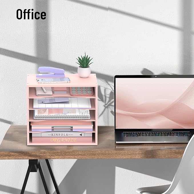 SHARKWOODS 5-Tier Wood Desk Organizer, Paper Tray Organizer for Desk with Adjustable Storage Shelves, Desktop File Organization Paper Sorter Mail Holder for Office Home Classroom, Pink