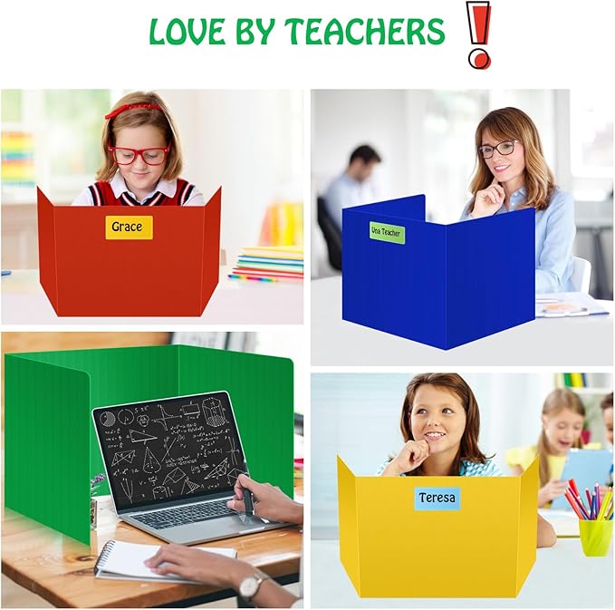 8 Pack Colorful Privacy Floders for Student Desks - Durable Plastic Erasable - Testing Dividers for Classroom - Easy Clean Privacy Shields for Student Testing Desk dividers- Includes Extra Labels