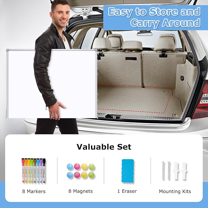 DOLLAR BOSS Large White Board 60 x 40 Inch Foldable Magnetic Whiteboard for Wall, Portable Double Sided Dry Erase Board, Aluminum Frame Message Board for School, Office, Classroom with Eraser, Markers