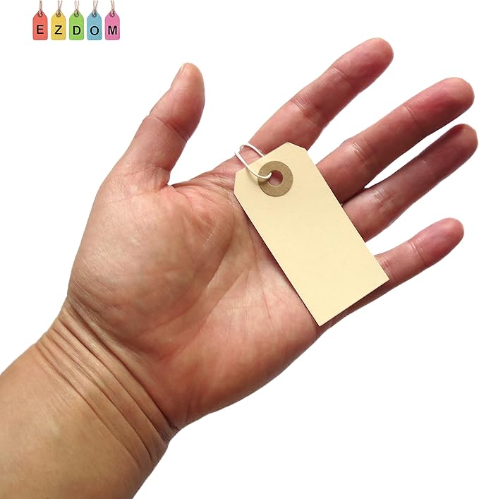Manila Tags With Elastic String - #1, 2 3/4" x 1 3/8", Box of 250 Paper Labels With Reinforced Hole and Attached Loop, 250 Count