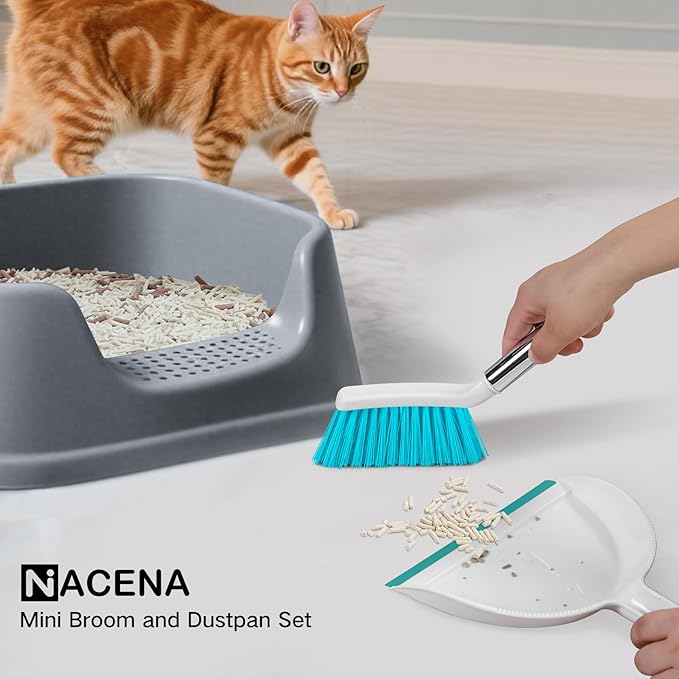 NACENA Mini Broom and Dustpan Set, Small Dust Pan and Brush Set with Handle Dustpan Teeth for Cleaning Hair Suitable for Office Desks Drawers Sofa Outdoor Camping, Light & Blue