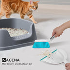NACENA Mini Broom and Dustpan Set, Small Dust Pan and Brush Set with Handle Dustpan Teeth for Cleaning Hair Suitable for Office Desks Drawers Sofa Outdoor Camping, Light & Blue