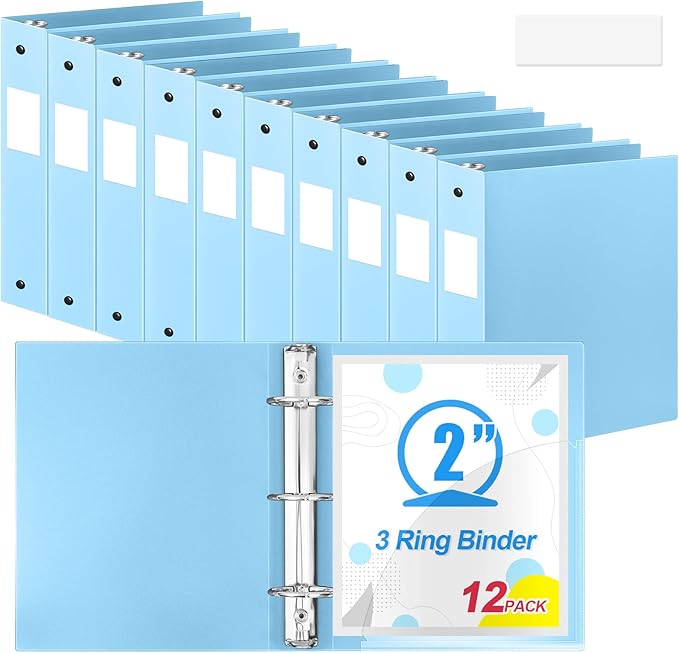 Henoyso 12 Pcs 3 Ring Binder 2 Inch Round Fits Letter Size 8.5'' x 11'' Paper Plastic Flexible Binder Bulk Holds 490 Sheets with 1 Pockets Versatile Organizer for Home Office School (Light Blue)