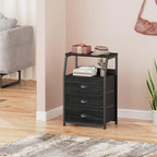 Furnulem Black Night Stand, Small Dresser for Bedroom, Nightstand with 3 Fabric Storage Drawers and 2-Tier Shelf, End Table Side Furniture for Closet, Hallway, Nursery, Sturdy Steel Frame, Wood Top