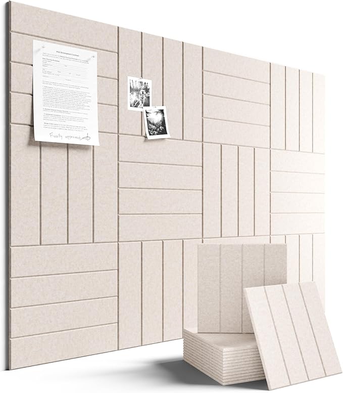 Fluxynara Felt Bulletin Board Tiles Large 48" x 36" Cork Board Alternative-12 Pack with 70 Adhesive Tabs, Thick Slat Wall Panels for Office Decor, Push Pin Board Wall Organizer Alternative -Oatmeal