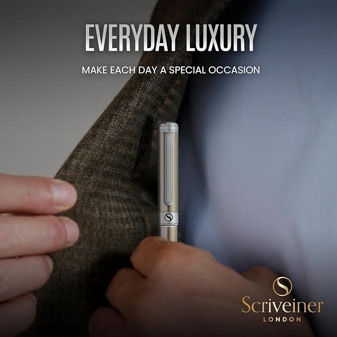 Scriveiner Stainless Steel Fountain Pen - Stunning Luxury Pen with Steel Finish, Schmidt Steel Nib (Medium), Pen Gift Set for Men & Women, Professional, Executive Office, Nice Designer Pens
