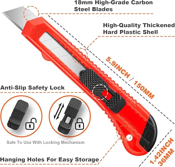 JOYUMY 20 Pack Utility Knife, Box Cutter Retractable, Box Knife for Cartons, Cardboard, and Boxes, Box Opener with 10 Pieces 18mm Snap-off Blade, Razor Knife for Office and Home Use, Box Cutters