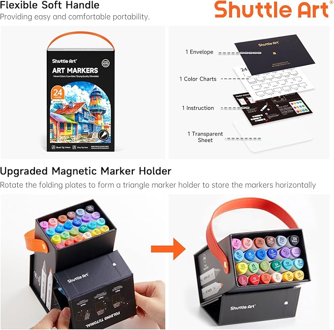Shuttle Art Brush Tip Alcohol Markers, Dual Tip Brush & Fine Tip Art Marker Set, 24 Colors Marker Pens with Case Perfect for Illustration Kids Students Adults Coloring Sketching