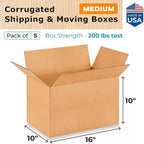 Medium Shipping & Moving Boxes 16 x 10 x 10 inches (5-Pack) - Extra Strength 200 lb vs Regular - Corrugated Packing Boxes for Moving - Cardboard Moving Box - Packaging Box by IDL Packaging