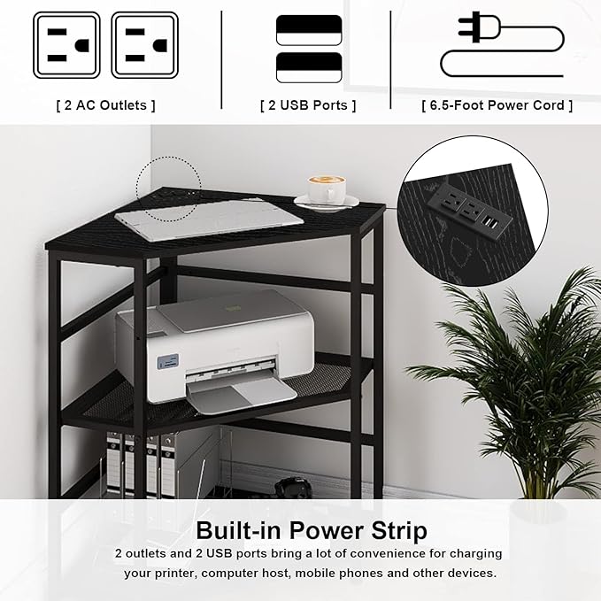 VEDECASA Corner Printer Stand Table with Power Outlet Charging Plugs USB Port Adjustable Storage Shelf Computer Tower CPU Stand Holder for Home Office (Black)