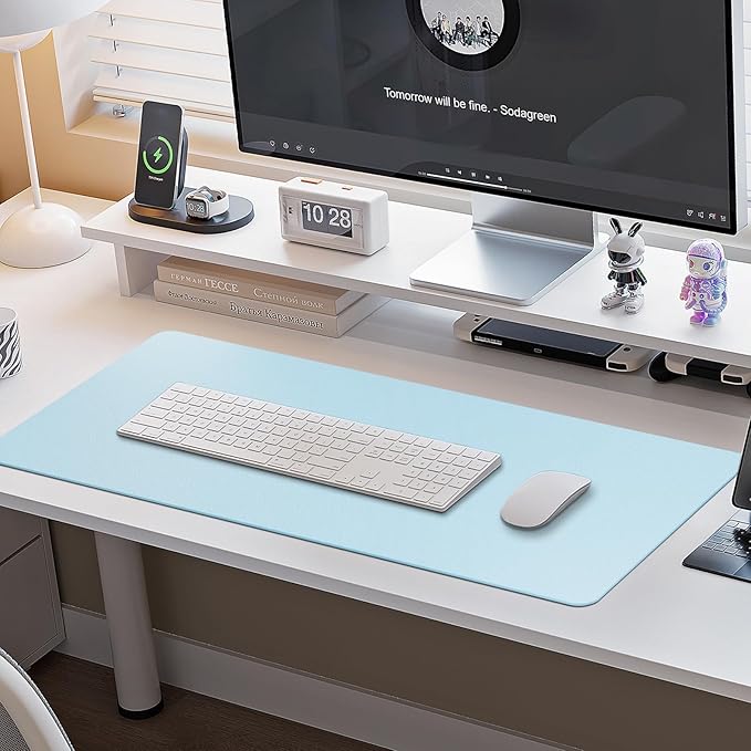 Boutilon Leather Desk Pad Protector,Non-Slip Mouse Pad,Laptop Desk Pad,Office Mouse Mat,Waterproof Leather Desk Blotter,Desk Writing Pad for Office and Home (XXL-Light Blue,47.2"x 17")