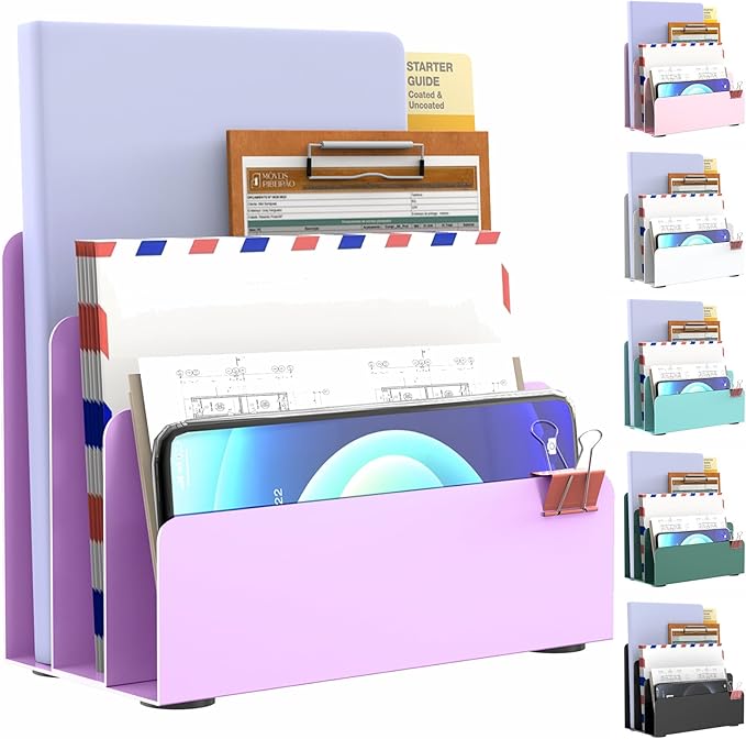 OUTIOE Mail Organizer Countertop, Small Desk File Organizer, Metal File Holder - Essential Workspace Organizers for Office Desk, Home Office (Purple)