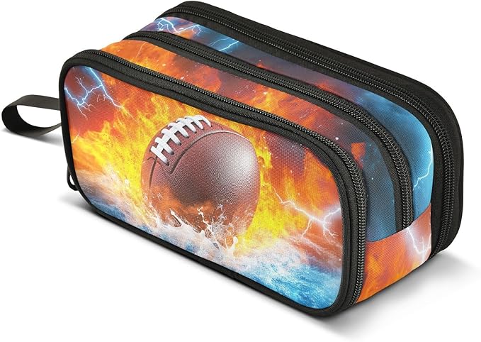 DVGMBXY Football Water and Fire Pencil Case Box for kids Teens Boys Girls Large Pencil Pouch with Zipper Compartments Big Capacity Stationery Pen Bag Organizer for Kids Teens Adults School Office