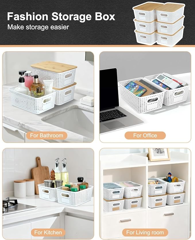 6 Pack Storage Bins with Bamboo Lids,Plastic Storage Baskets and Storage Containers, Storage Baskets for Organizing Shelves Drawers Desktop Closet Playroom Classroom Office Home