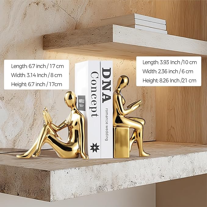 TYGKROF Decorative Bookends,Ceramic Statue Book Ends,Home Office Modern Bookends,Decor Aesthetic Reading Book Holders for Bookshelf,Bedroom Living Room Decoration Unique Bookends (Gold)