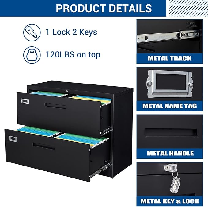 Fesbos Lateral File Cabinet with Lock, 2 Drawer Large Metal Filing Cabinet,Home Office Lockable Storage Cabinet for Hanging Files Letter/Legal/F4/A4 Size-Assembly Required