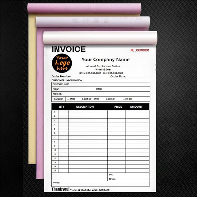 Custom Invoice Book in 3-Part /2-Part Receipt Book with Carbon Copies Personalized Carbonless Service Invoice Form Books Sales Order Book with Company Name Logo Address,E-Invoice Book with Logo