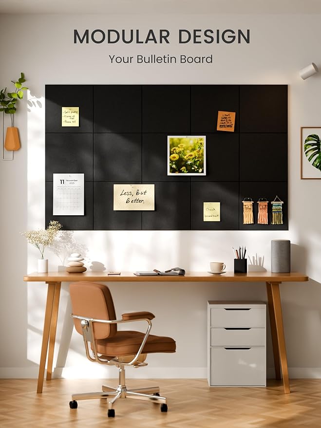 Bumusty Large Cork Board 36"x24" Alternative - 6 Pack Felt Wall Tiles with 40 Safe Removable Adhesive Tabs, 30 Pushpins, Cork Boards for Walls Pin Board Bulletin Board Office Decor (Black)