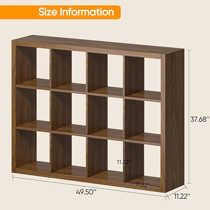 furtble Bookshelf with Storage Bins, 12-Cube Storage Organizer, Modern Wood Open Bookcase, Multifunctional Display Shelf for Living Room, Bedroom, Home Office, Classic Oak