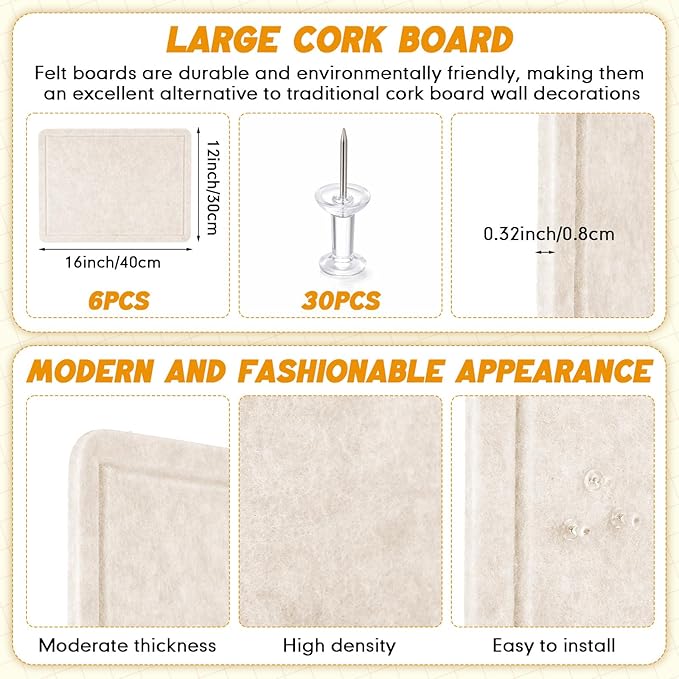 Maitys 6 Pack Felt Bulletin Board, 16x12 Inch Decorative Felt Pin Board with Self Adhesive and 60 Push pins, Foldable Fabric Cork Boards for Wall Decor, Office, Classroom, Dorm Room Organization