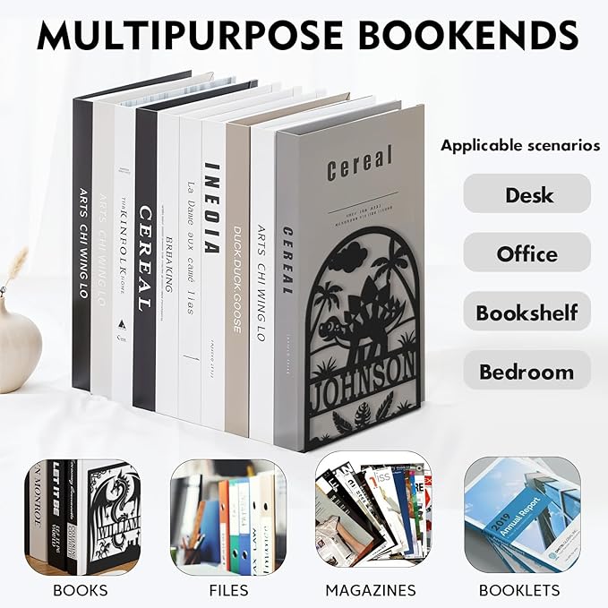 Personalized Name Book Ends Metal, Heavy Duty Bookends for Shelves Decorative, Dinosaur Non-Slip Book Stopper, Modern Bookshelf Decor for Home Office Desk, Gifts for Readers Color08