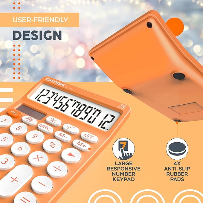 CATIGA 12 Digit Desktop Calculator Basic Desk Calculator with Large LCD Display, Big Buttons, 4 Function, Solar and Battery Dual Power, for Office, School, Home, SD-1292 Orange