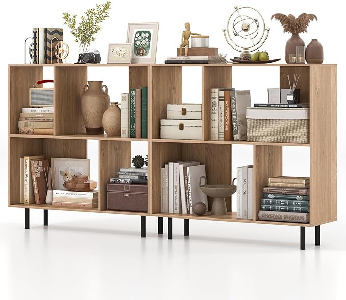Tangkula 4 Cubby Open Bookcase, 3-Tier Freestanding Bookshelf with Detachable Metal Legs, Anti-toppling Device, Anti-Falling Baffles, Modern Cubicle Display Shelf (2,Natural)