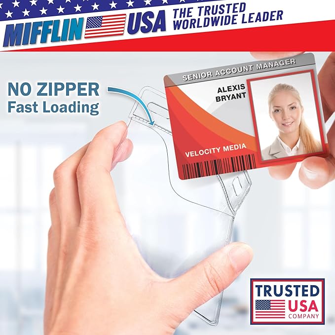 Mifflin-USA Card Protector (4x3 Inch, Clear, Bulk 100 Pack) Quick Load Horizontal No Zipper Name ID Badge Holder
