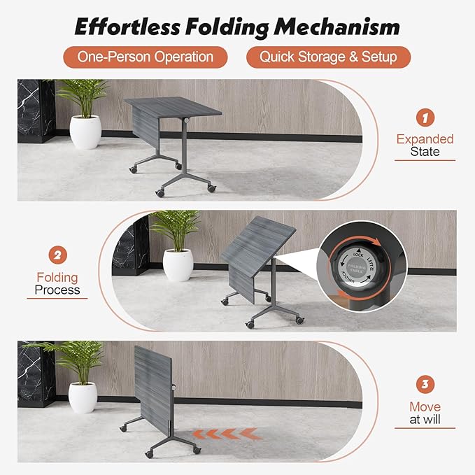 Goakwwuz Conference Room Table, Folding Conference Tables,Thicken Grey Tabletop,Flip Top Wooden Seminar Meeting Room Table for Conference Room Offices (10, BlackWoodGrain, 55.1”)