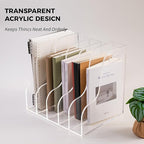 AIMOLLY 5 Vertical Compartments File Holder, Clear Acrylic Desk Organizer and Storage Bins Holding for Magazines, Binders, Notebooks, Envelopes, Multi-purpose Document Organizer for Home Office