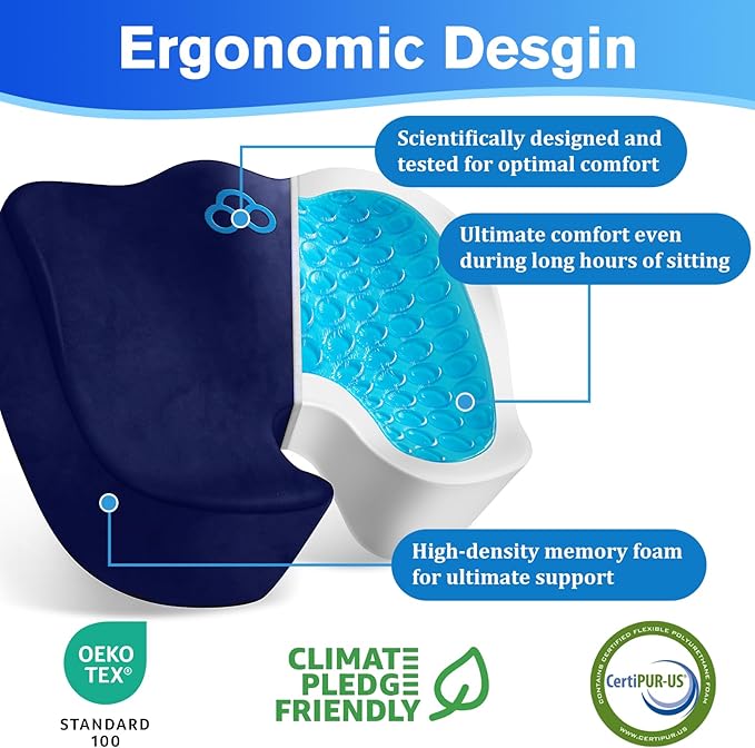 CushyOasis Seat Cushion, Gel Chair Cushions, Office Chair Cushions, Anti-Slip Bottom & Removable Cover Tailbone Pain Relief Cushion, Memory Foam Seat Cushion, 5.28 in Thick (Blue)