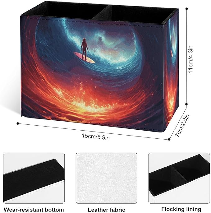 Famame Astronaut Surfing Space Wave Pencil Holder for Desk, Leather Desktop Container Pen Cup Storage Study Table Pen Organizer Makeup Brush Holder for Classroom Office Home