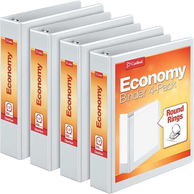 Cardinal Economy 3 Ring Binder, 2 Inch, Presentation View, White & Cardinal 1.5 Inch 3 Ring Binder, Round Ring, White, 4 Pack & Cardinal Economy 3 Ring Binder, 1 Inch, Presentation View, White