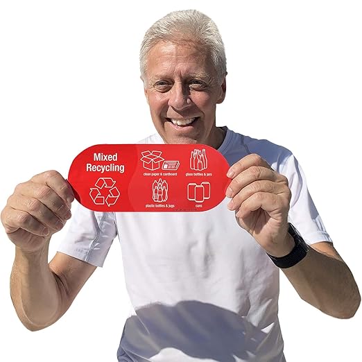 SmartSign (Pack of 4) 3.75 x 9 inch “Mixed Recycling” Sticker Labels with Symbols, 5 mil Laminated Polyester with SuperStick Adhesive, Red and White, Made in USA