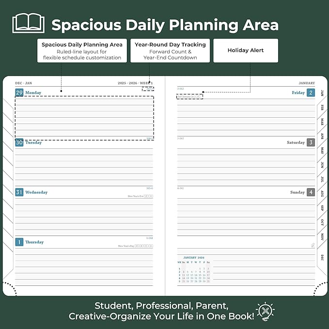 IN-LUXPRO Planner 2026 Daily Weekly and Monthly,8.5"x6.5",12 Months Spiral Bound Calendar Agenda with Self-adhesive Pen Holder,2026 Appointment Book with Vegan Leather Soft Cover,Green