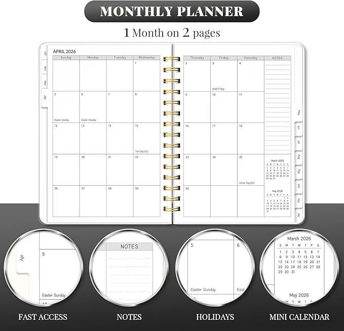 2026 Planner, Weekly and Monthly Planners with Tabs, A5 Spiral Bound Daily Calendar 2026 Planner, 12 Month Agenda Organizers from Jan. to Dec., Flexible Cover Appointment Book(Black Gold Flower)