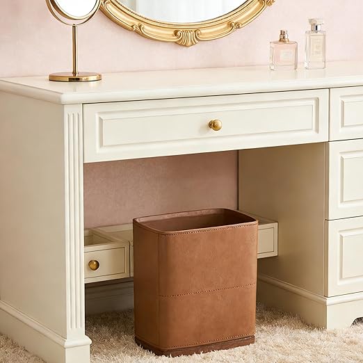 Polytree Bathroom Trash Can 1.8 Gallon(7 Liter) Small Kitchen Garbage Can,Decor Wastebasket for Bedroom Office,Brown （Resin-Imitated Leather Effect）