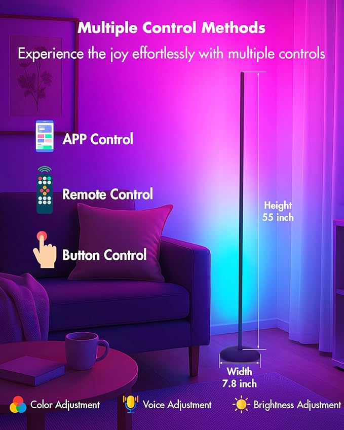 Vexinat Corner Floor Lamp, Smart RGB LED Corner Lamp with App & Remote, Modern Floor Lamp with 16 Million Colors, Music Sync, Scene Modes, Color Changing Standing Lamps for Living Room, Bedroom