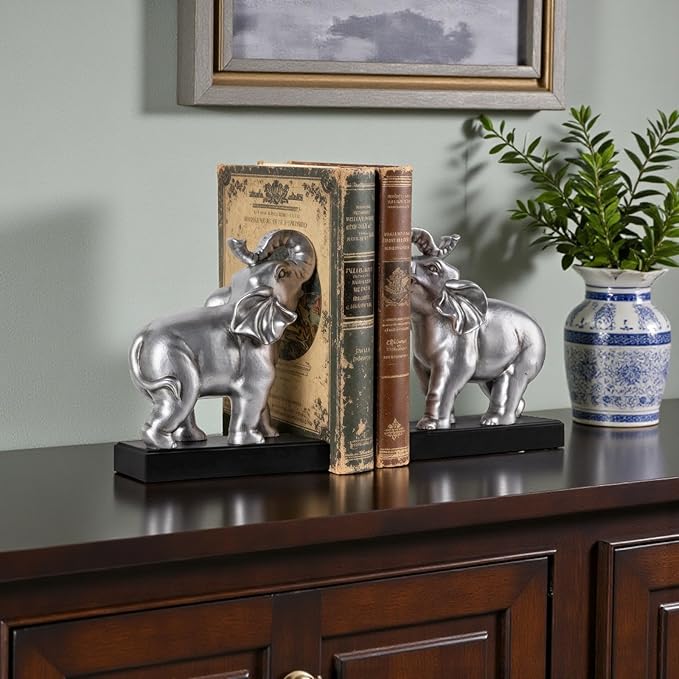 MXARLTR Elephant Book Ends Decorative, Bookends for Shelves, Book Ends for Heavy Books with Anti-Slip Pad for Book Lovers Heavy Book Holder for Home Office Decor (Silver)